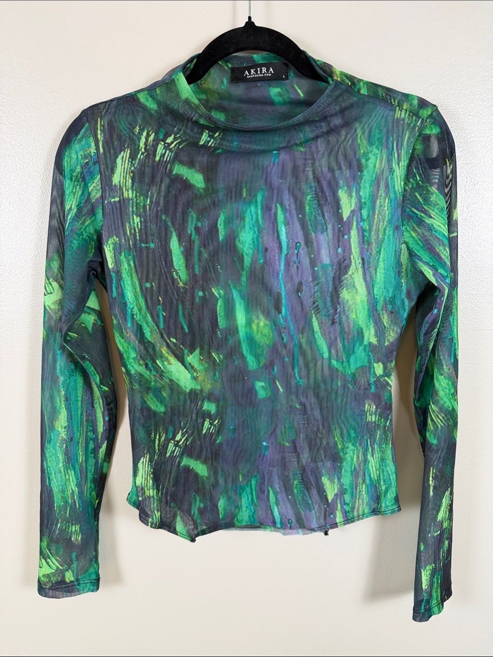 AKIRA Green & Black Abstract Mesh Long Sleeve Top –Sheer, Lightweight - Picture 10 of 10